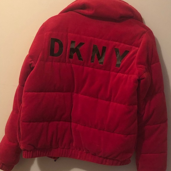 Red DKNY sport puffer jacket ~ velvet & satin - Picture 2 of 6